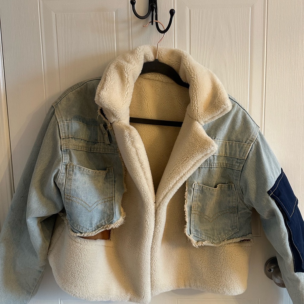 Denim and Cream Sherpa crop Jacket
